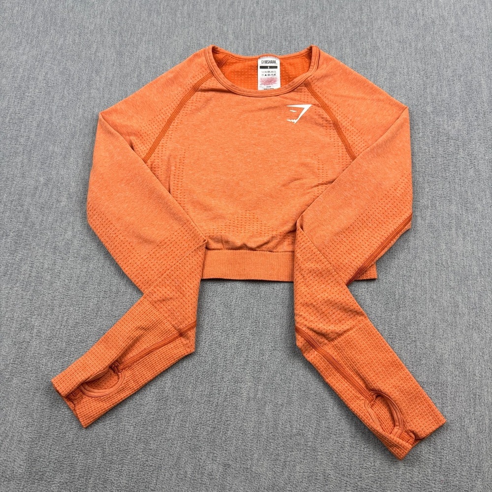 Gymshark Top Women Small Orange Vital Crop Seamless Long Sleeve Workout Gym Yoga
